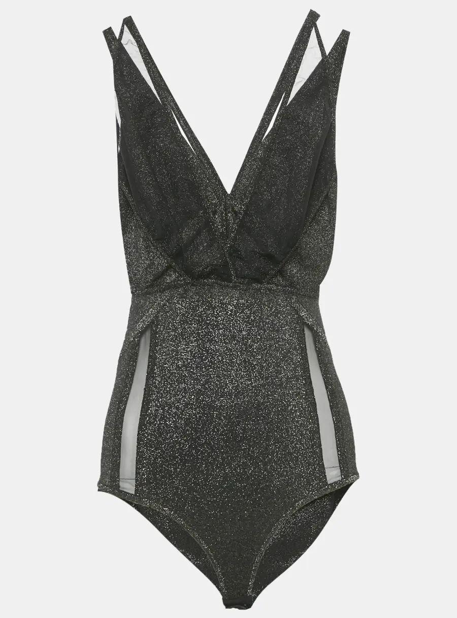 Elie Saab Black Lurex Jersey & Tulle Trim Bodysuit M