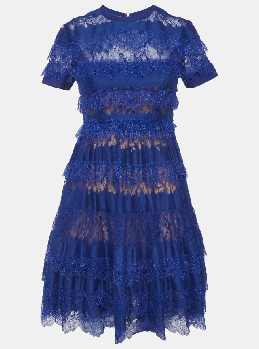 Elie Saab Blue Lace Tiered Mini Dress S