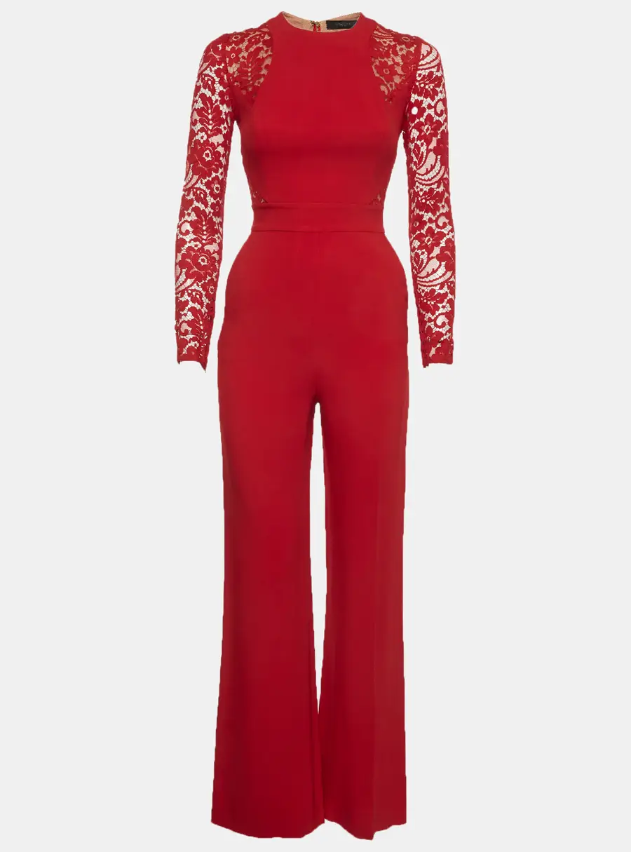 Elie Saab Red Stretch Knit and Lace Long Sleeve Jumpsuit S