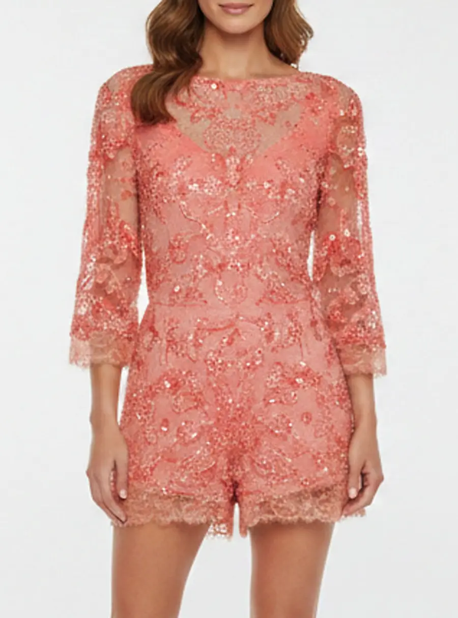 Elie Saab Pink Embellished Lace Trim Mesh Playsuit S