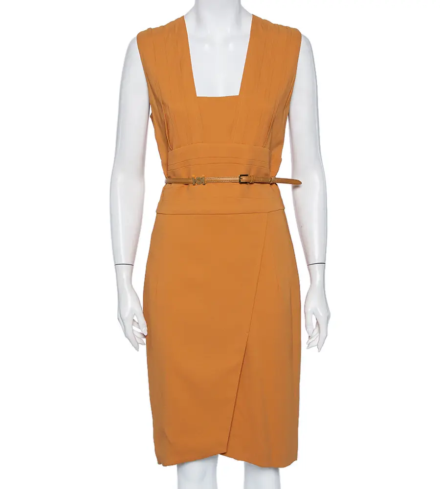 Elie Saab Camel Brown Crepe Pleated Detail Belted Sleeveless Dress M