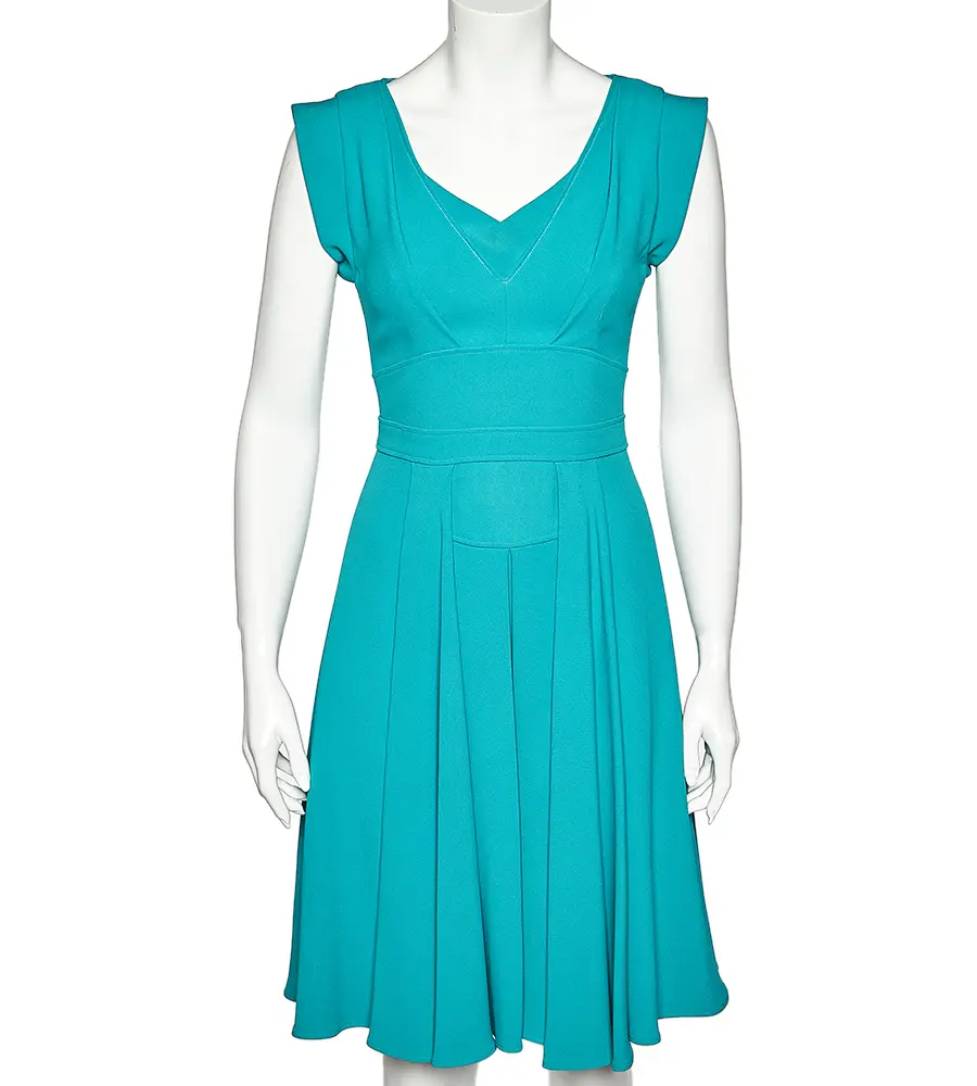 Elie Saab Teal Blue Crepe Pleated Detail Midi Dress S