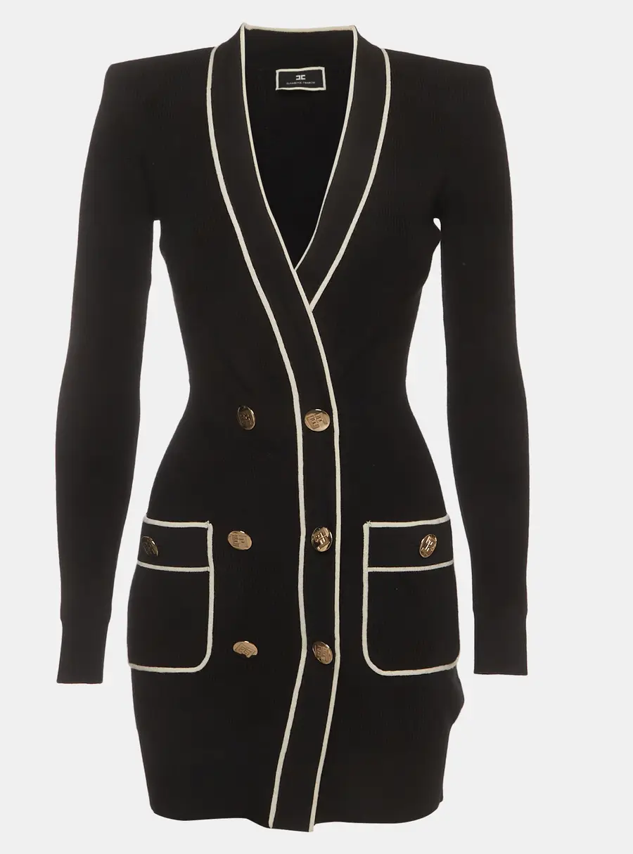 Elisabetta Franchi Black Rib Knit Double Breasted Mini Dress S