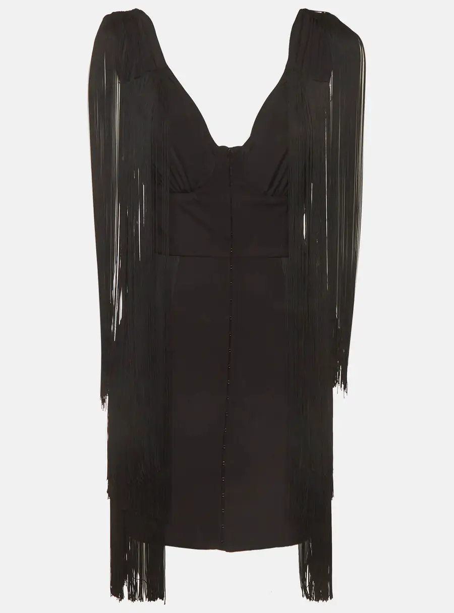 Elisabetta Franchi Black Nylon Blend Fringe Sleeveless Mini Dress S