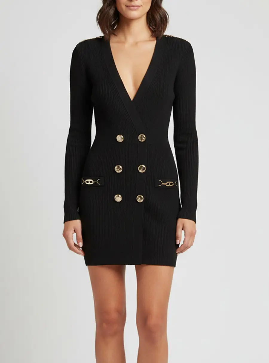 Elisabetta Franchi Black Rib Knit Double Breasted Mini Dress S