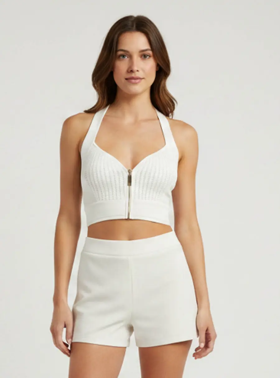 Elisabetta Franchi White Knit Zip UP Bustier Crop Top S