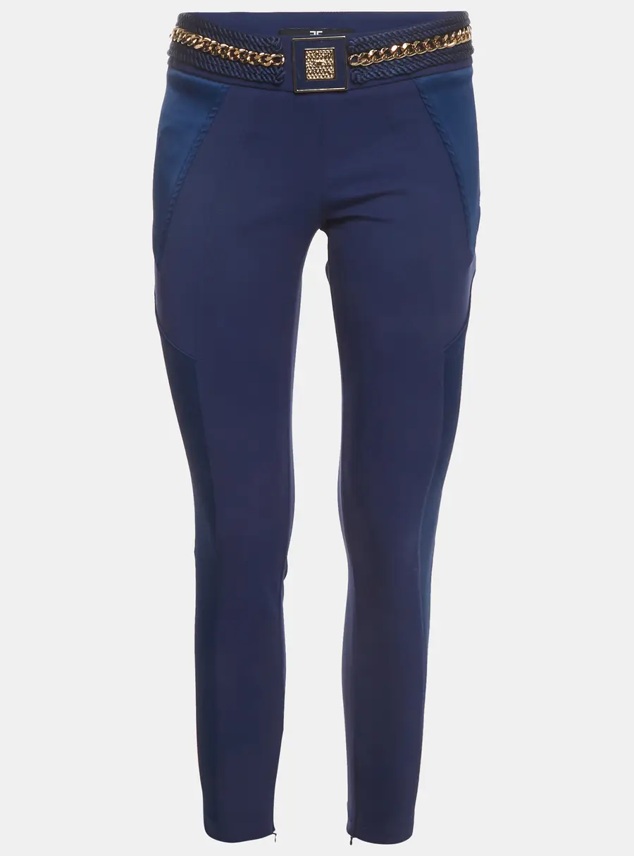 Elisabetta Franchi Blue Logo Plaque Stretch Crepe Cropped Pants M