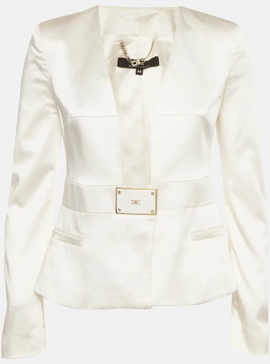 Elisabetta Franchi Off White Satin Plunge Neck Structured Blazer M