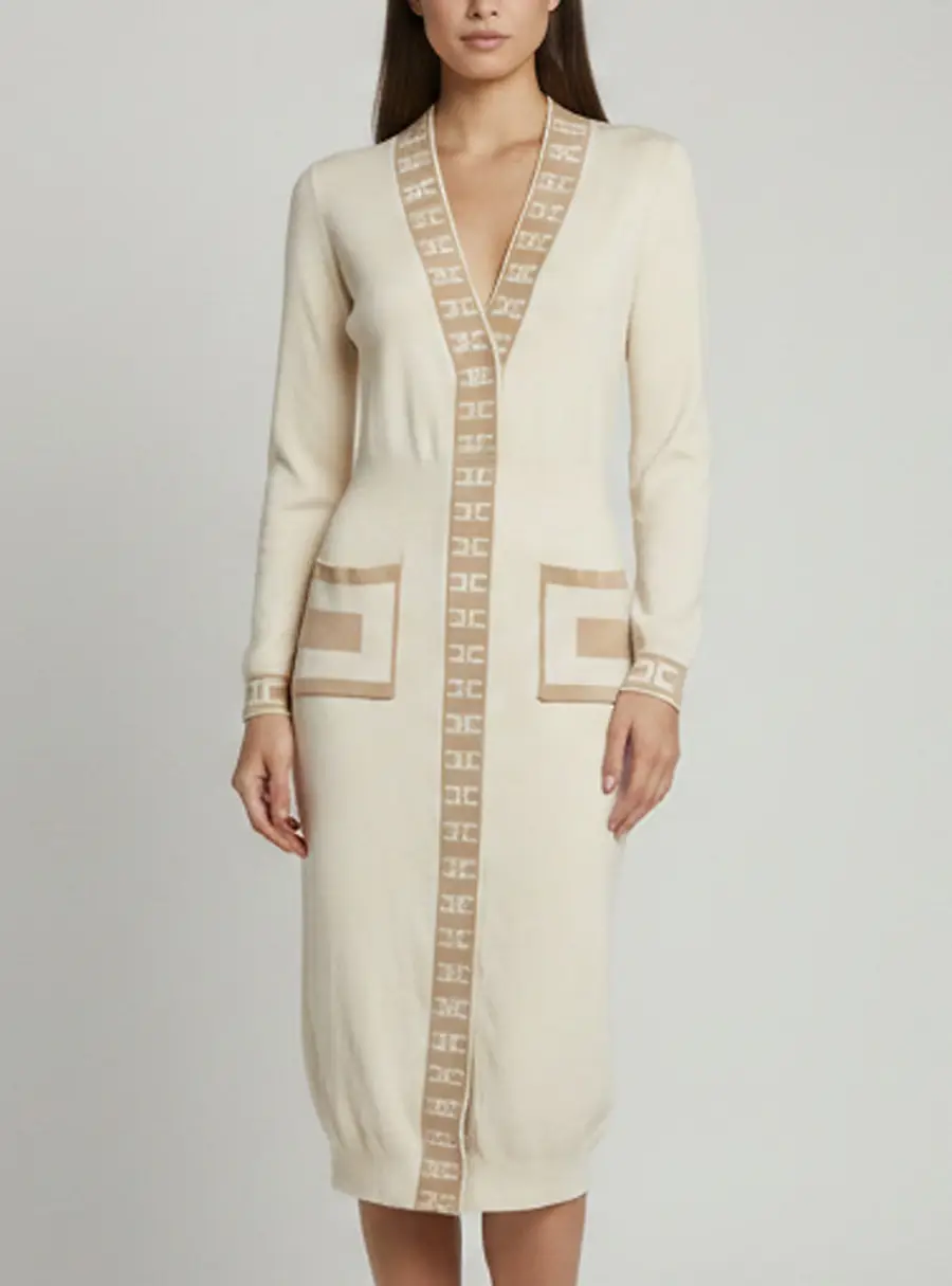 Elisabetta Franchi Cream Monogram Knit Knee Length Dress M
