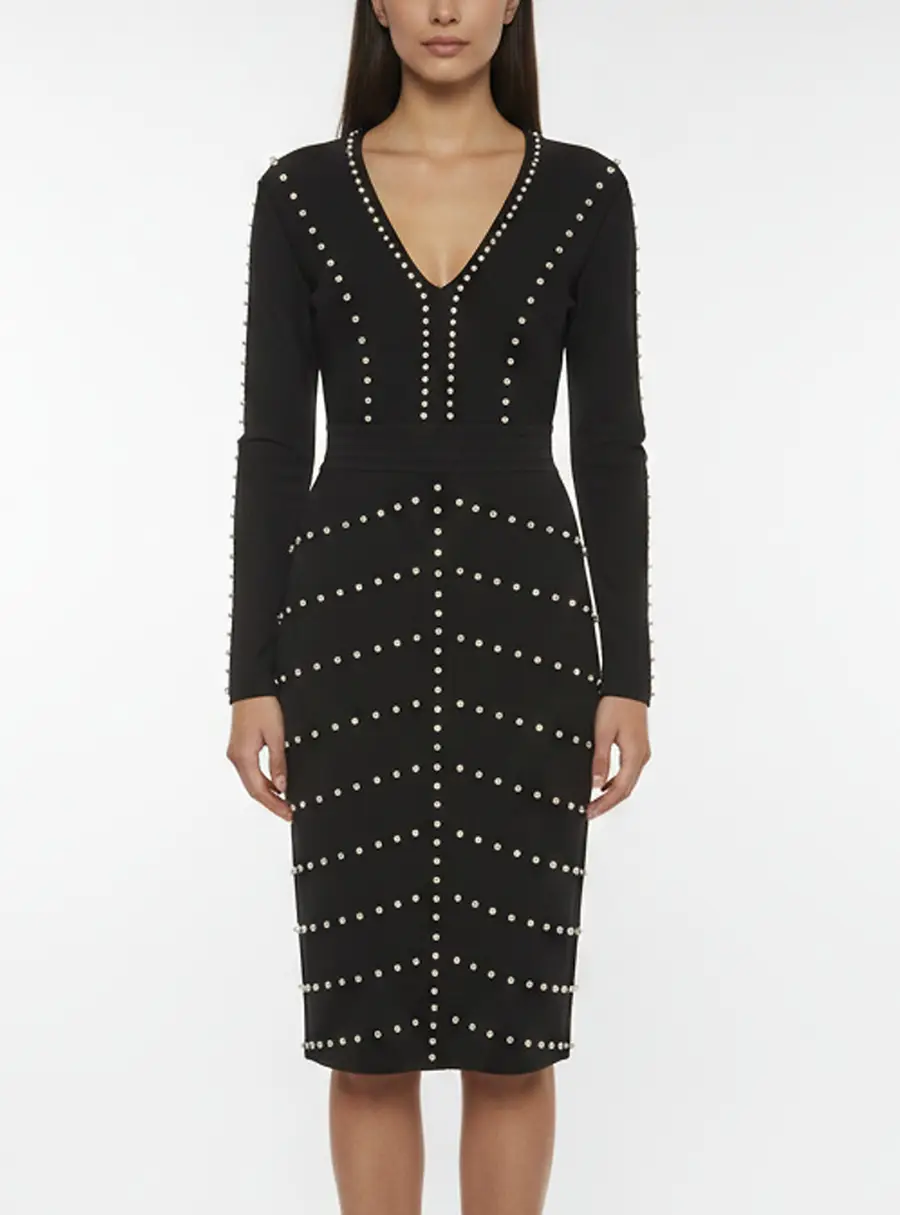 Elisabetta Franchi Black Pearl Embellished Knit V-Neck Dress L