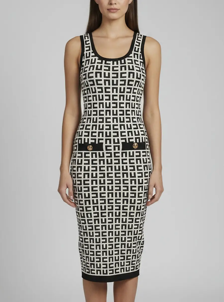 Elisabetta Franchi White/Black Monogram Jacquard Knit Dress M