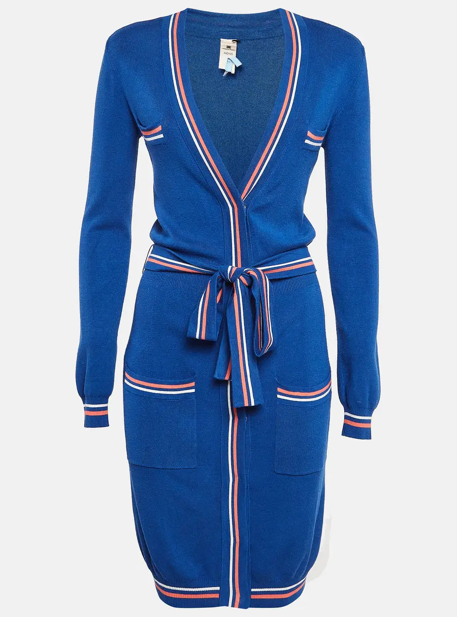 Elisabetta Franchi Blue Rib Knit Belted Long Cardigan M
