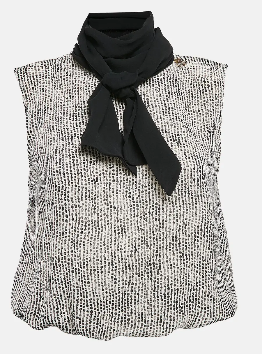 Elisabetta Franchi Black/White Printed Silk Bow Neck Top S