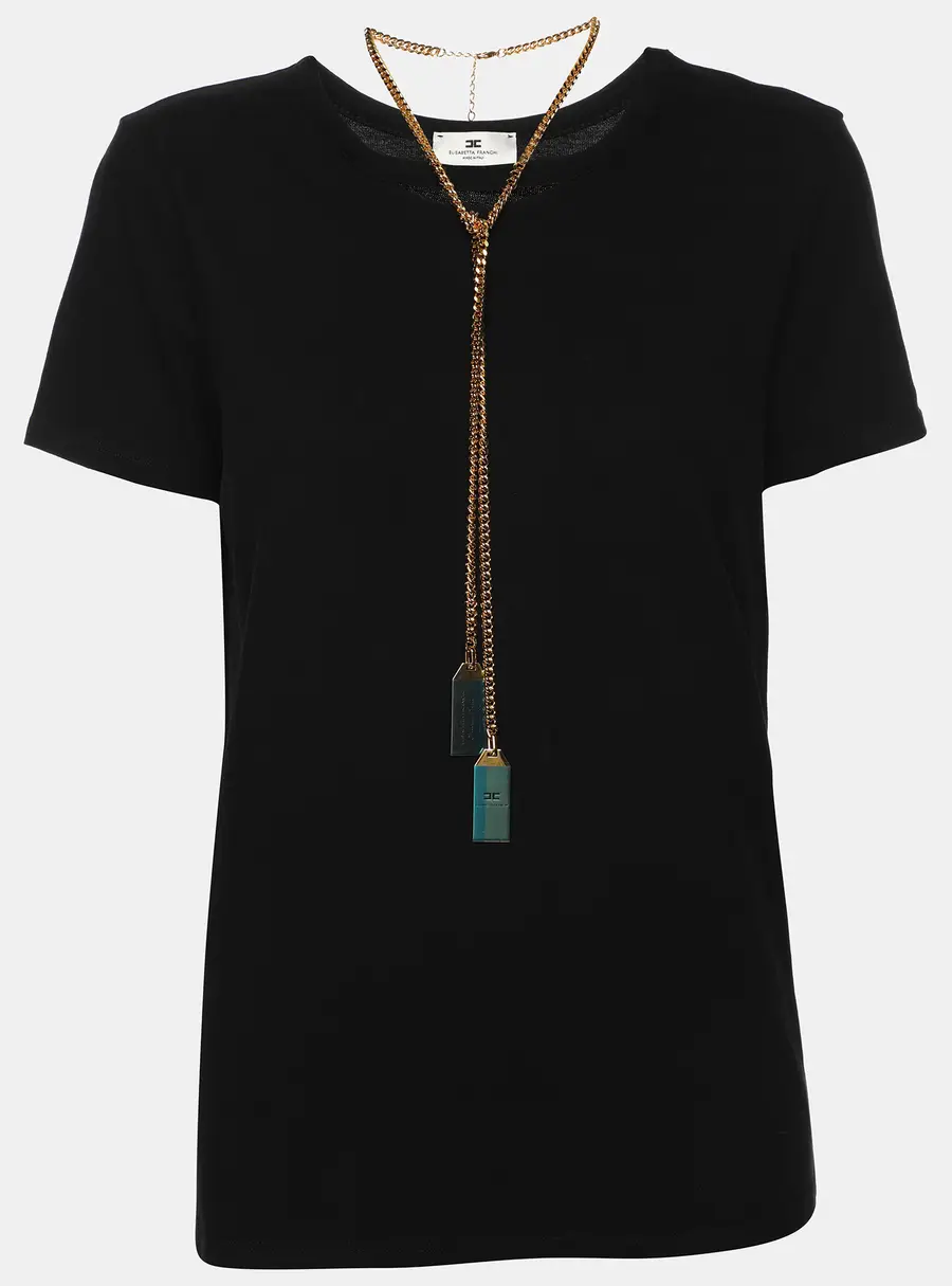 Elisabetta Franchi Black Cotton Round Neck Chain T-Shirt S