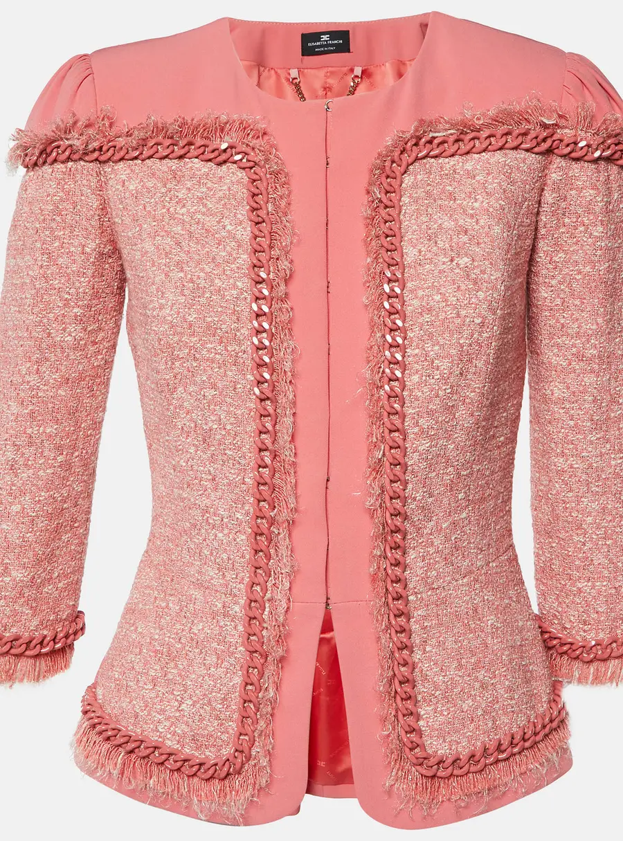 Elisabetta Franchi Pink Tweed and Crepe Chain Detail Jacket M