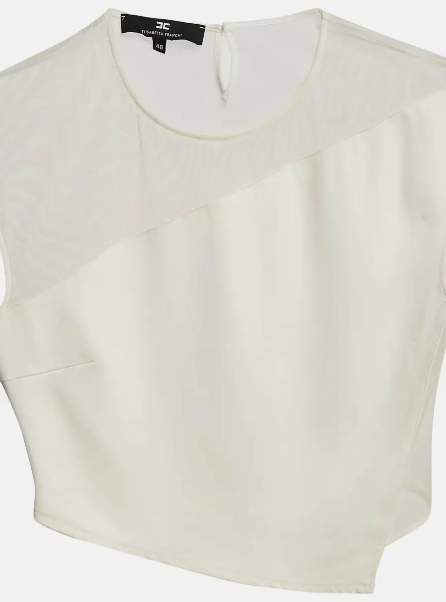 Elisabetta Franchi White Crepe and Mesh Crop Top L