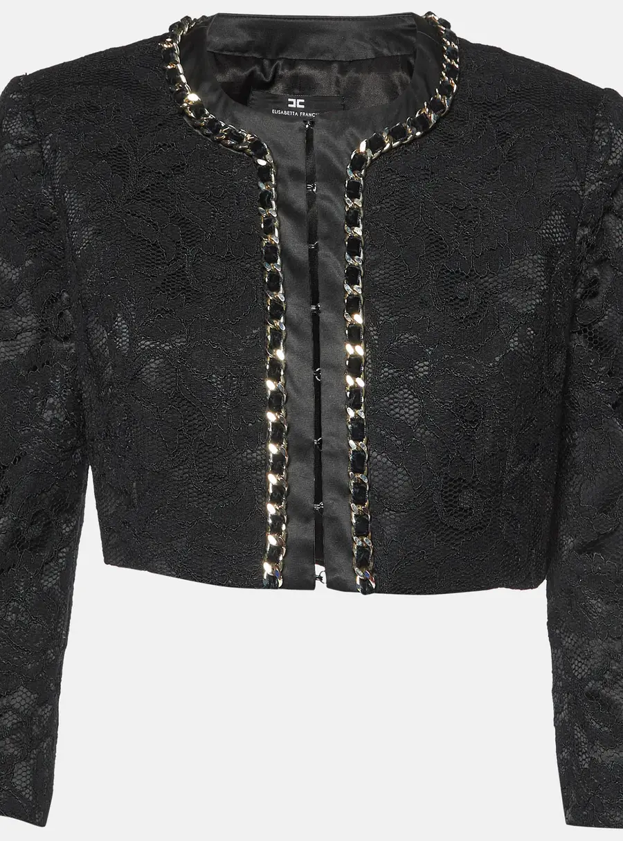 Elisabetta Franchi Black Lace Chain Detail Crop Jacket M