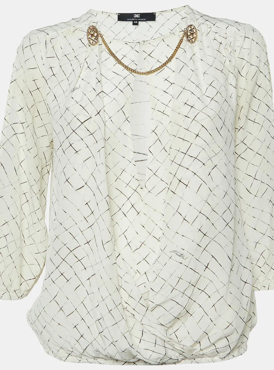 Elisabetta Franchi White Checks Print Silk Brooches Detail Top M