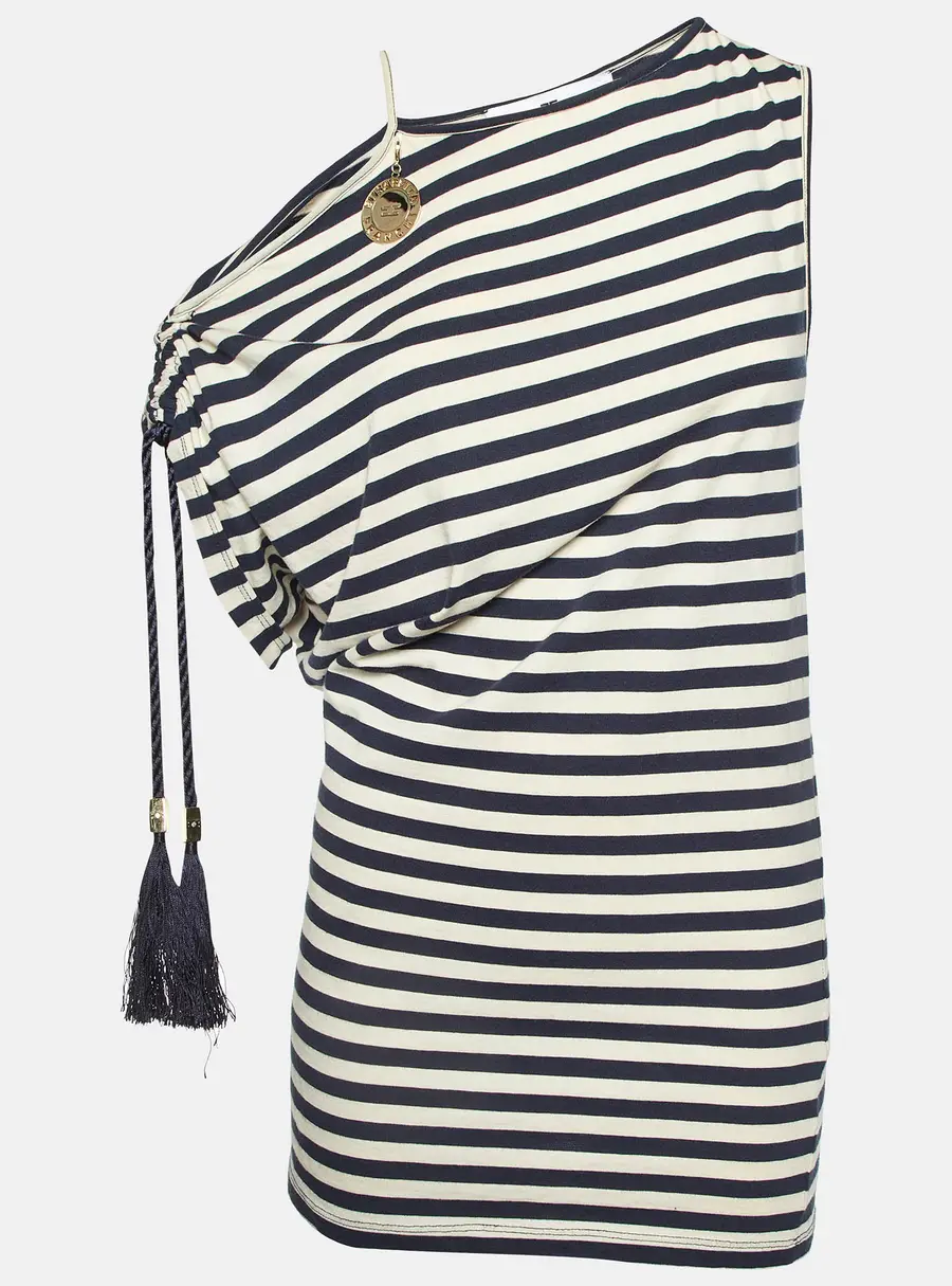 Elisabetta Franchi Jeans Marine Blue Striped Jersey Asymmetric Top M