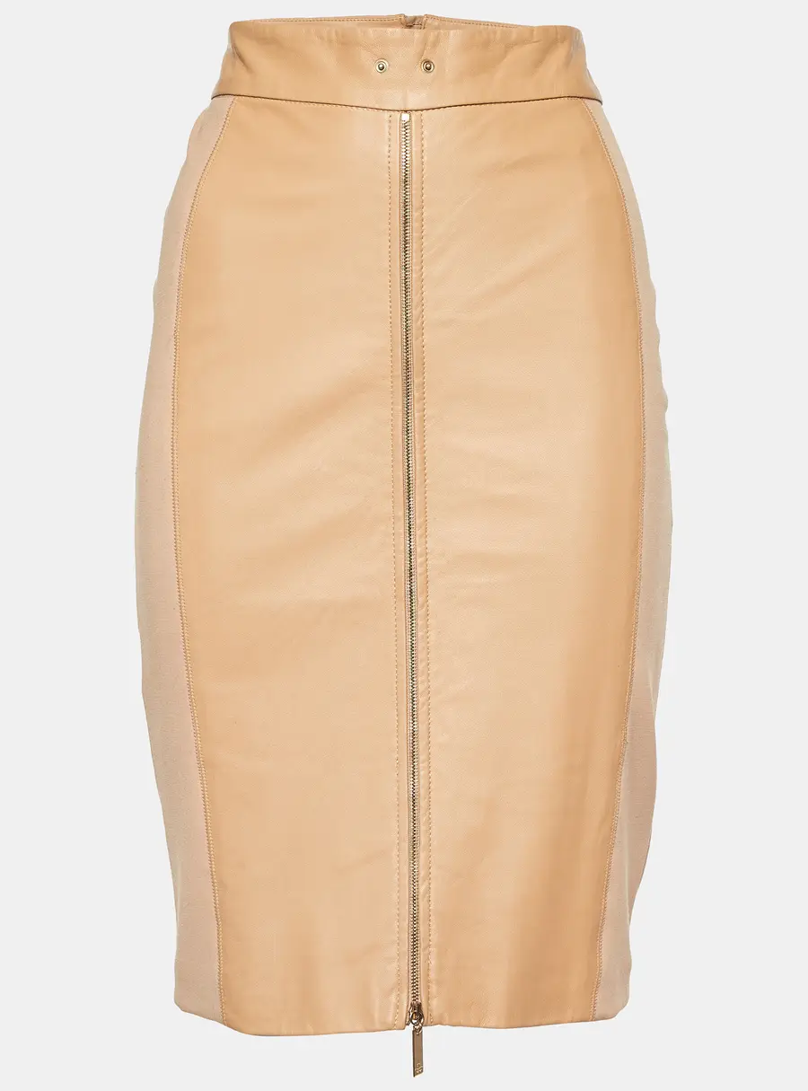 Elisabetta Franchi Gold Beige Leather & Jersey Pencil Skirt L
