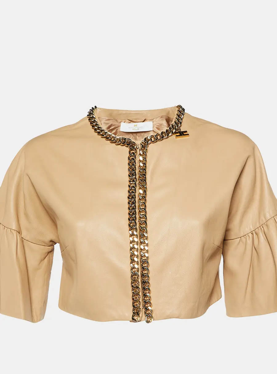 Elisabetta Franchi Beige Leather Chain Detail Bolero Jacket L