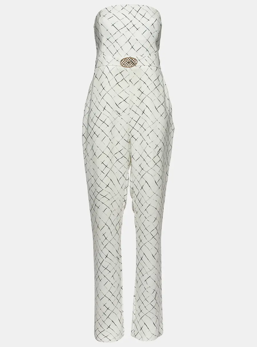 Elisabetta Franchi White Printed Crepe Strapless Jumpsuit XL