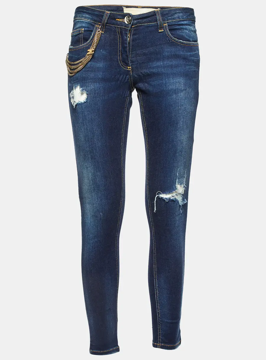 Elisabetta Franchi Blue Denim Chain Detail Slim Fit Jeans M/Waist 29"