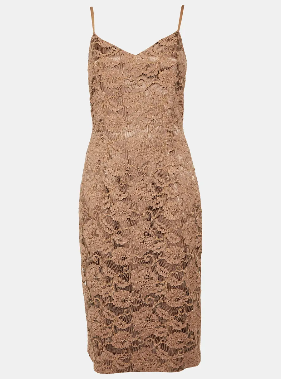 Elisabetta Franchi Taupe Lace Sleeveless Sheath Dress M