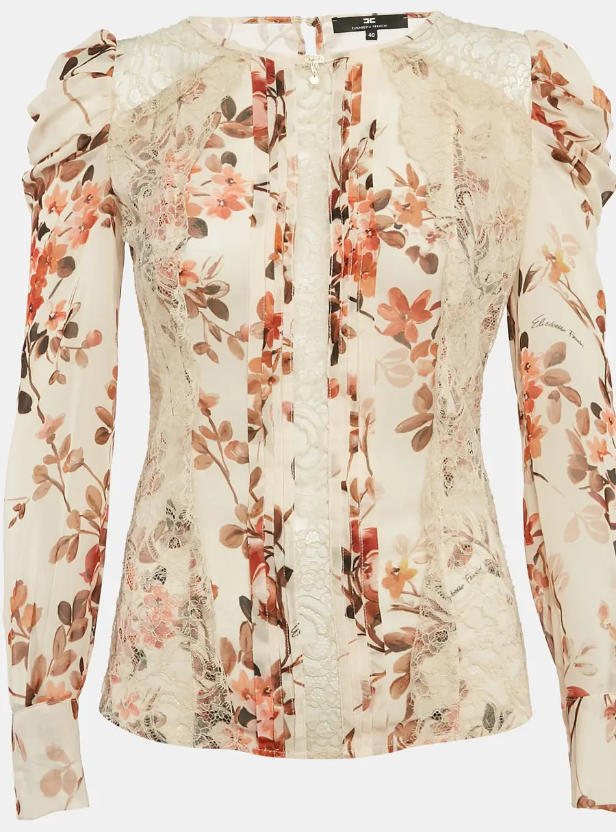Elisabetta Franchi Beige Floral Print Lace Trim Crepe Blouse S