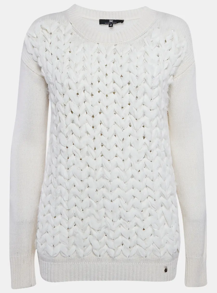 Elisabetta Franchi Off White Braid Detail Wool Blend Sweater S