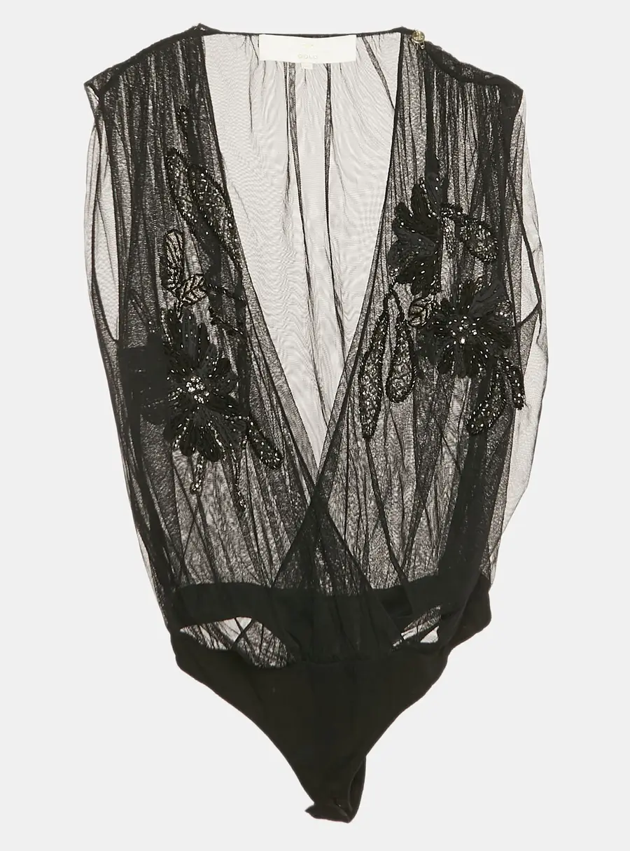 Elisabetta Franchi Gold Black Embellished Tulle Sleeveless Bodysuit S