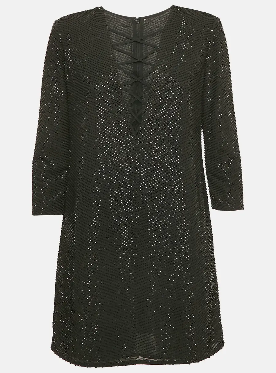 Elisabetta Franchi Black Beaded Chiffon Lace-Up Mini Dress L