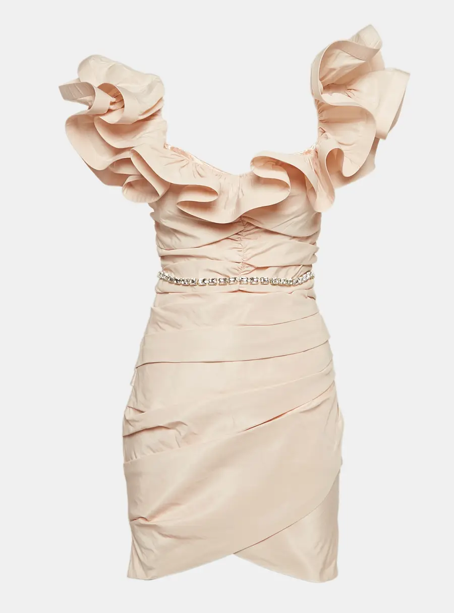 Elisabetta Franchi Pink Ottoman Taffeta Ruffled Off-Shoulder Mini Dress M
