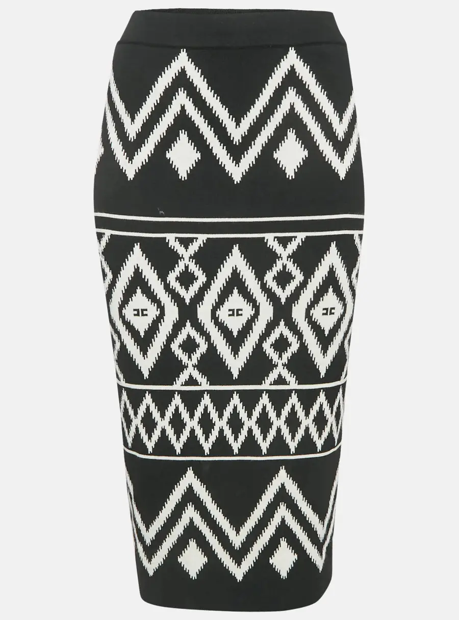 Elisabetta Franchi Black Tribal Intarsia Stretch Knit Midi Skirt L