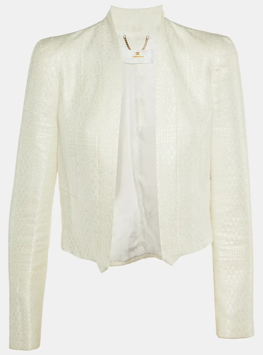 Elisabetta Franchi White Textured Patterned Cotton Open Blazer M