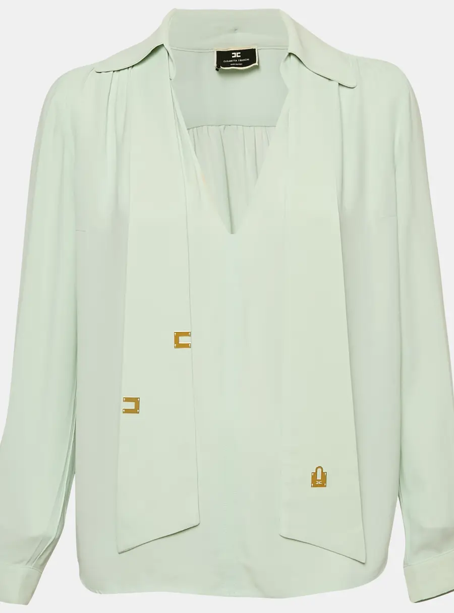Elisabetta Franchi Blue Crepe Neck-Tie Detail Top M