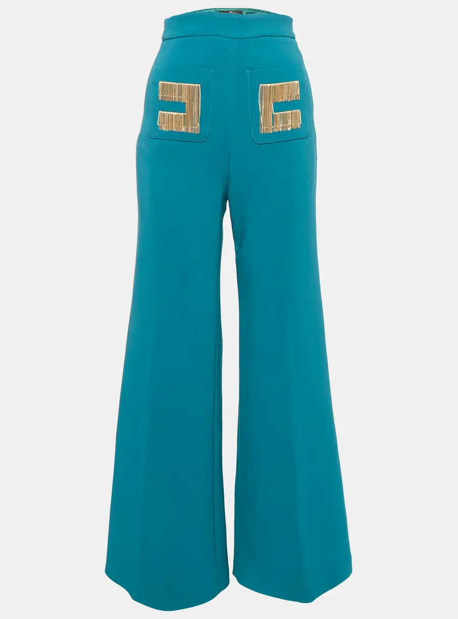 Elisabetta Franchi Teal Blue Crepe Chain Detail Flared Trousers S