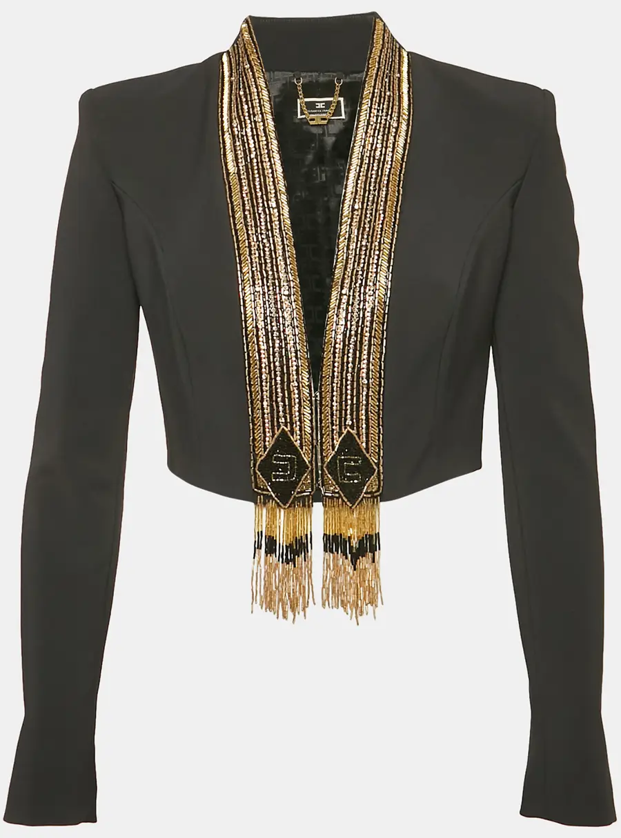Elisabetta Franchi Black Embellished Crepe Cropped Blazer M