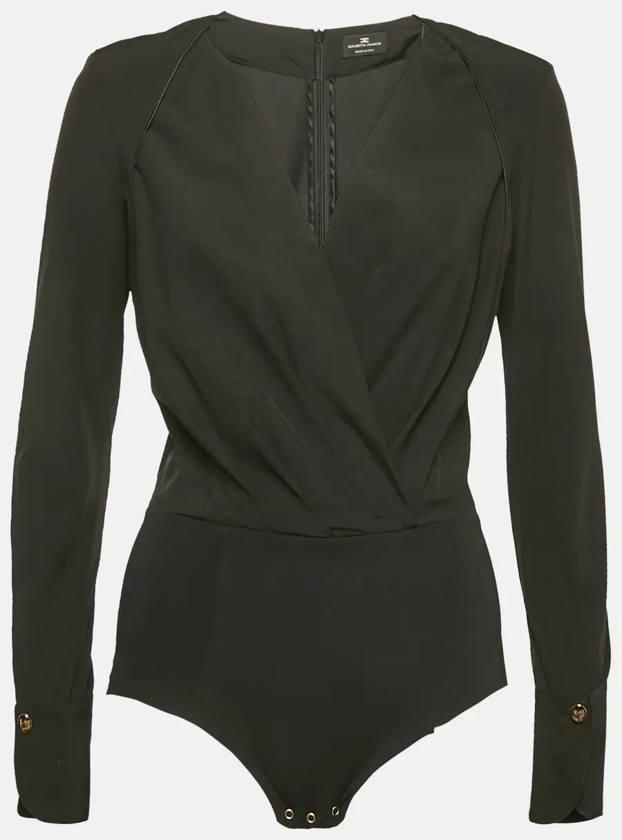 Elisabetta Franchi Black Crepe V-Neck Long Sleeve Bodysuit M