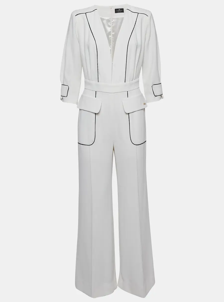 Elisabetta Franchi White Crepe Contrast Trimmed Jumpsuit M