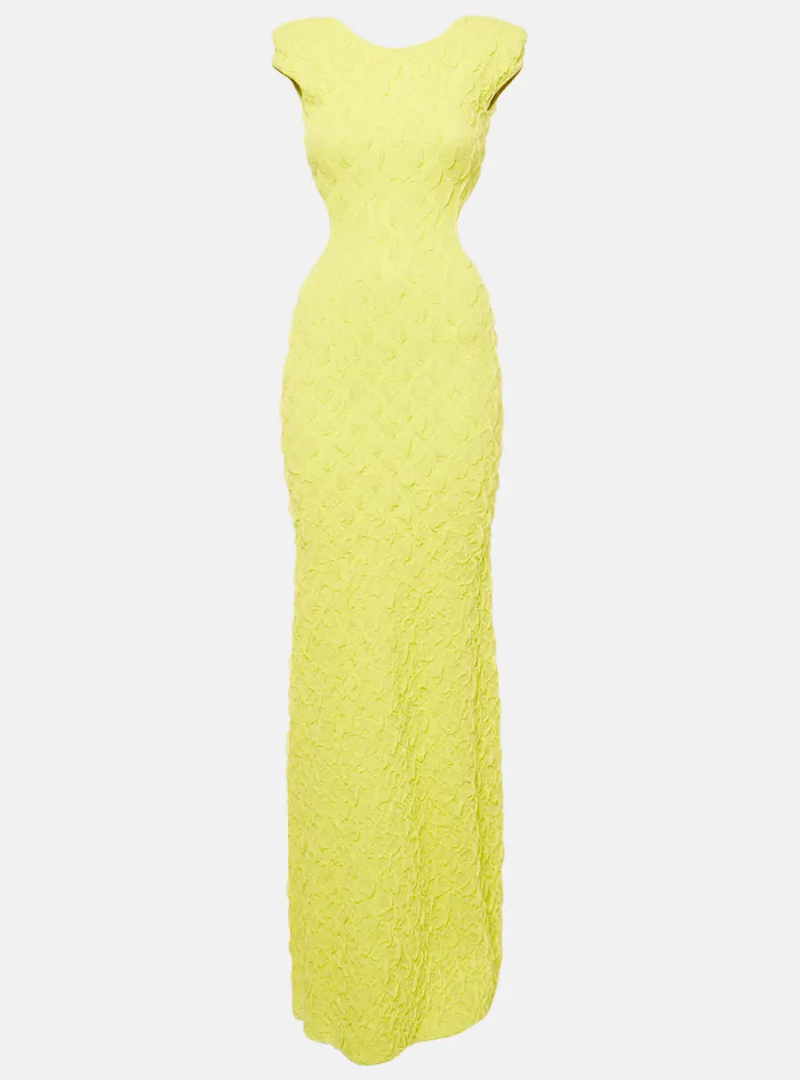 Elisabetta Franchi Lemon Yellow Textured Knit Sleeveless Maxi Dress S