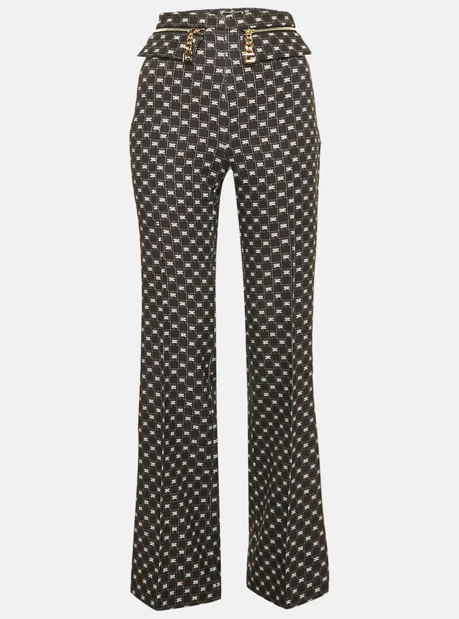 Elisabetta Franchi Black Logo All Over Jersey High Rise Flared Pants S