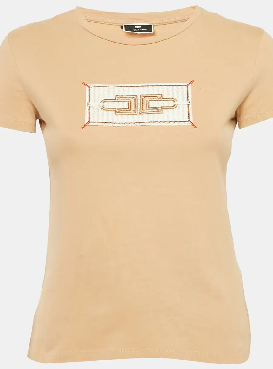 Elisabetta Franchi Beige Applique Cotton Jersey T-Shirt S