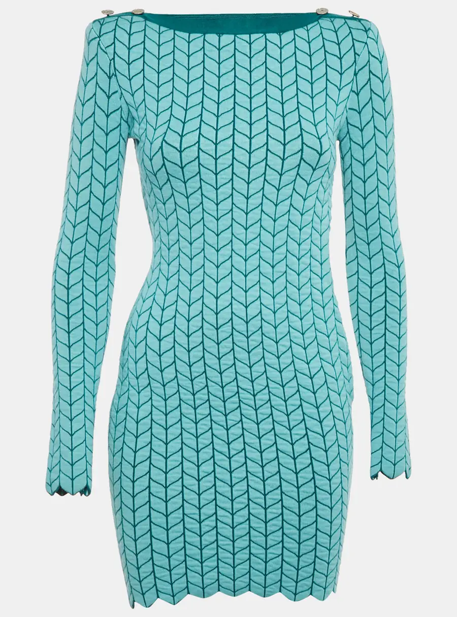 Elisabetta Franchi Blue Patterned Stretch Knit Scallop Hem Bodycon Dress S