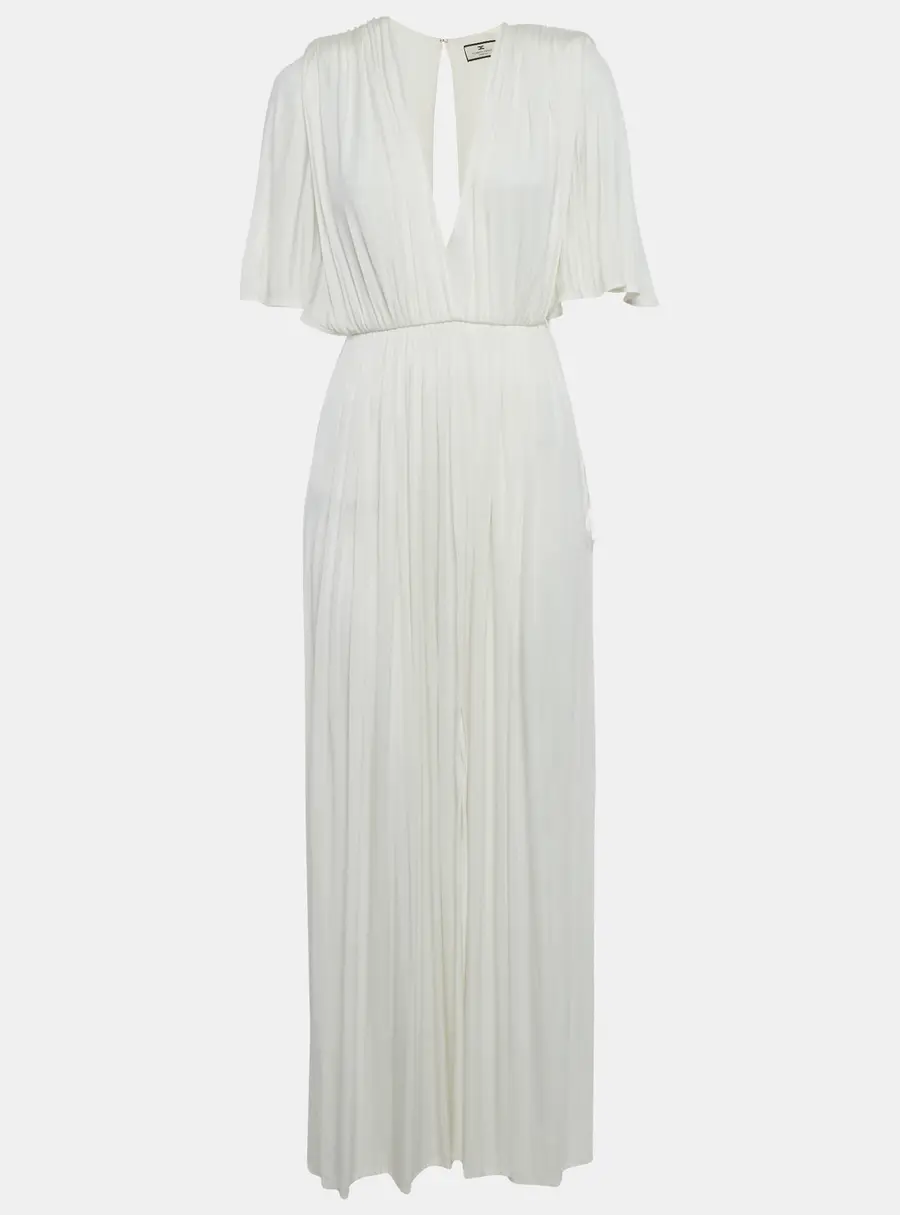 Elisabetta Franchi White Jersey Plunging Neck Gathered Maxi Dress S
