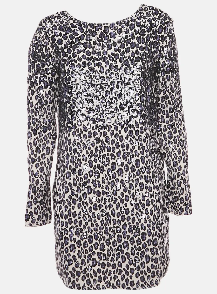 Elisabetta Franchi Beige/Black Leopard Print Crepe Sequin Embellished Mini Dress M