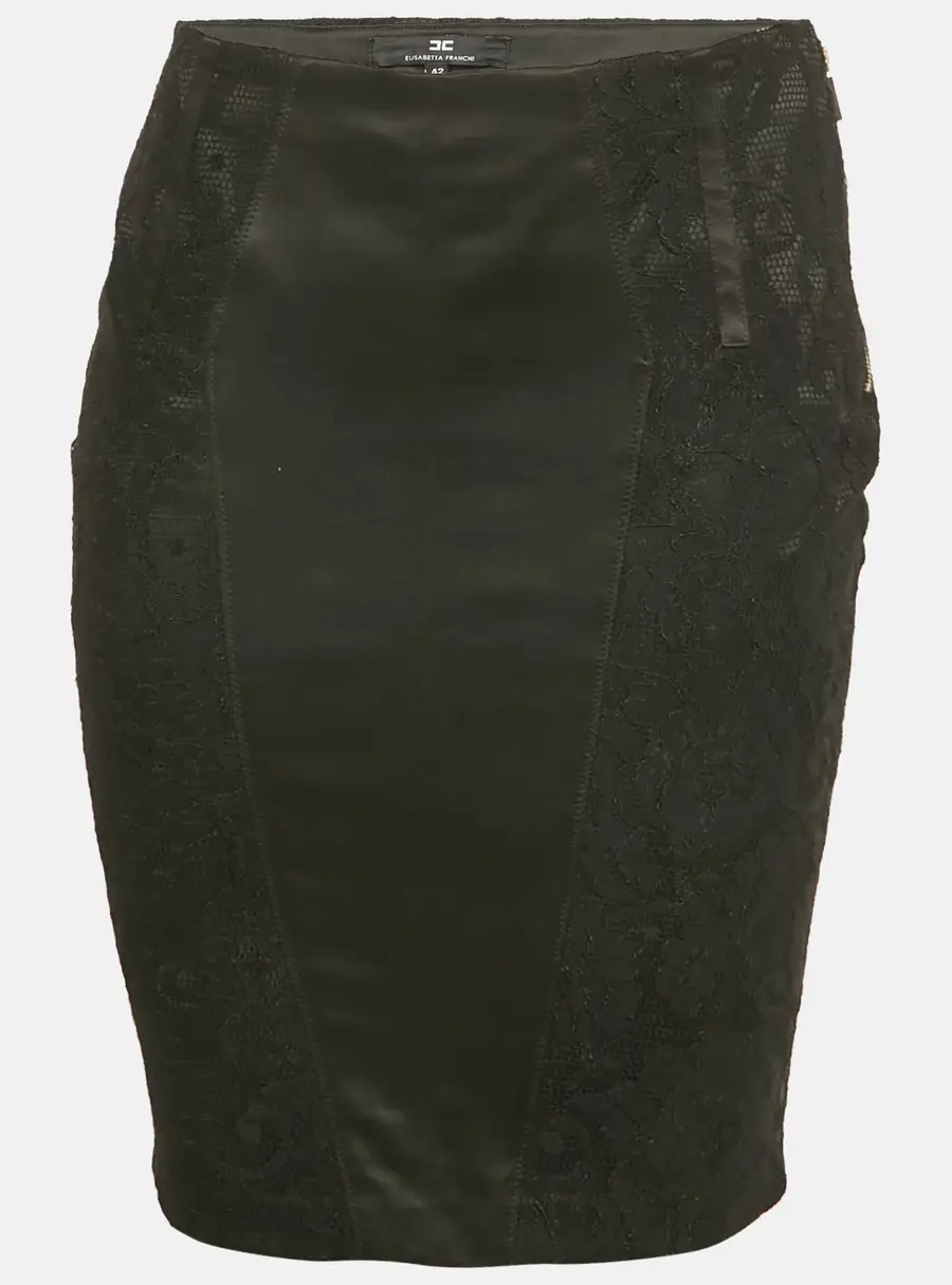 Elisabetta Franchi Black Satin Panel Lace Pencil Skirt M