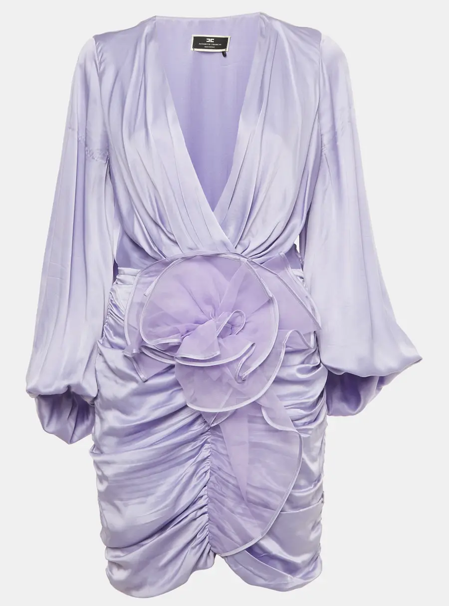 Elisabetta Franchi Purple Satin Ruched Mini Dress M