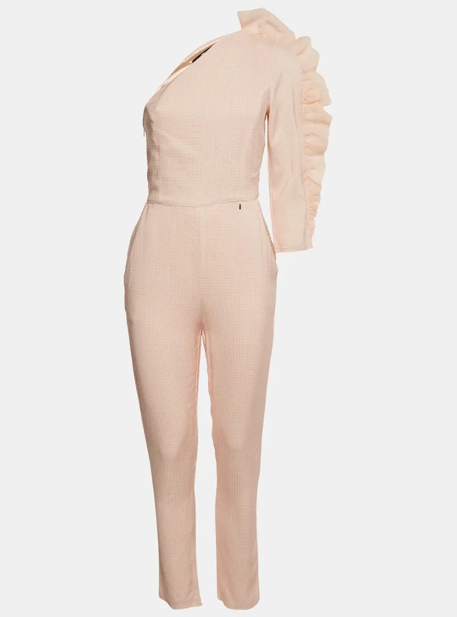 Elisabetta Franchi Peach Gingham Cotton Ruffled One Shoulder Jumpsuit M