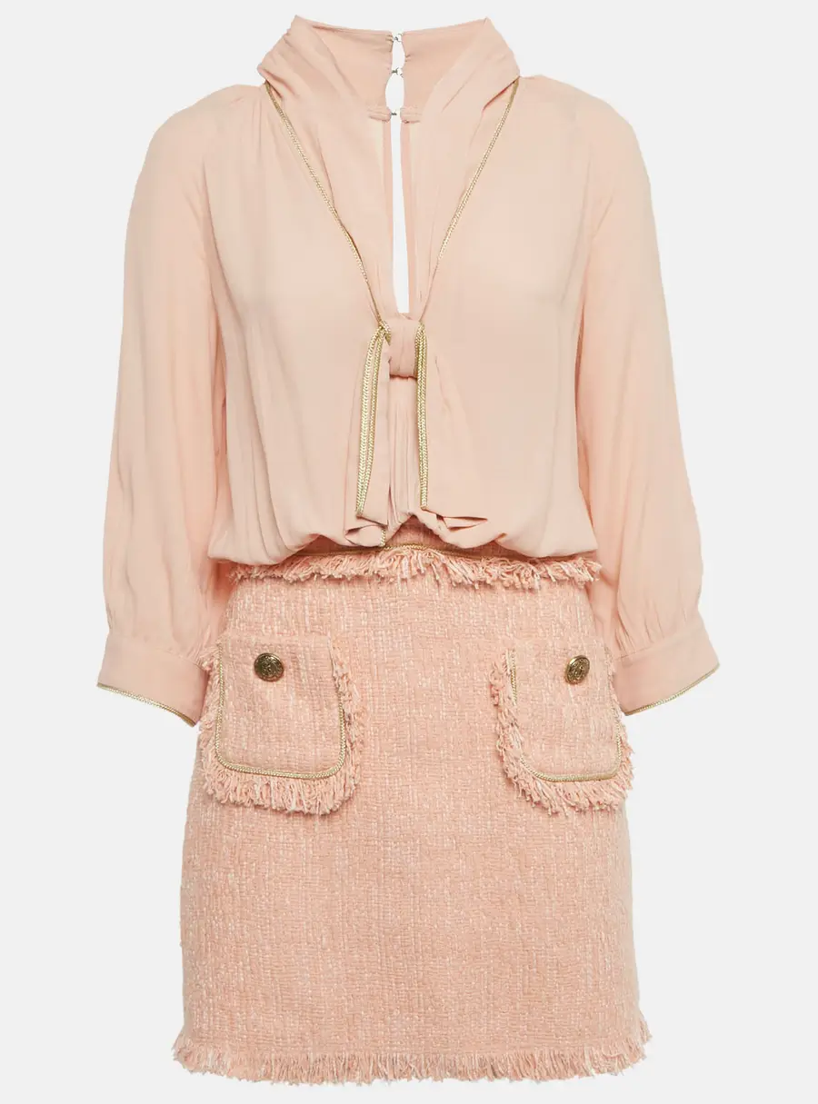 Elisabetta Franchi Light Orange/ Peach Crepe and Tweed Detachable Blouse Mini Dress M